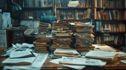 Stacks of carefully organized company documents that accumulate over time are neatly arranged on an office table. It reflects diligent record keeping and attention to detail within the workplace.