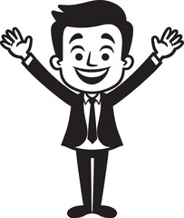 Grinning Business Visionary Badge Caricature Stick Figure in Black Vector Gleeful CEO Seal Happy Businessman Icon in Black Logo