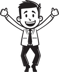 Ecstatic Business Founder Crest Caricature Stick Figure in Black Vector Smiling Corporate Executive Badge Happy Businessman Icon in Black Logo