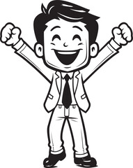 Delighted Business Leader Insignia Caricature Stick Figure in Black Vector Energetic CEO Crest Happy Businessman Icon in Black Logo