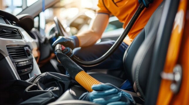 A man vacuuming the seats of a car during a car cleaning session
