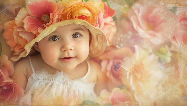Bebe vestido con traje blanco y sombrero de &eacute;poca decorado con flores, sobre fondo decorado con flores en tonos pastel