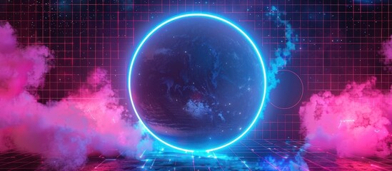 3d render of glitch circle with blue and pink with smoke in cyberpunk glows style. AI generated