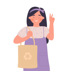 Smiling little girl with eco bag. Zero waste kids, recycling garbage cartoon vector illustration