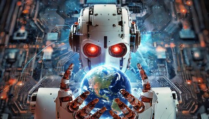 Menacing scary expression of AI robot with red eyes looking into camera holding the earth in its hands image - obrazy, fototapety, plakaty