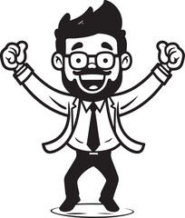 Jovial Business Founder Badge Caricature Stick Figure in Black Vector Grinning CEO Seal Happy Businessman Icon in Black Logo