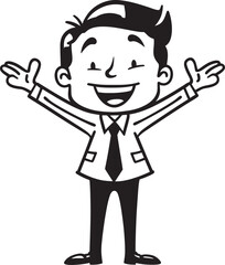 Radiant Corporate Visionary Crest Vector Black Logo Design of a Smiling Stick Figure Jovial Business Founder Badge Caricature Stick Figure in Black Vector