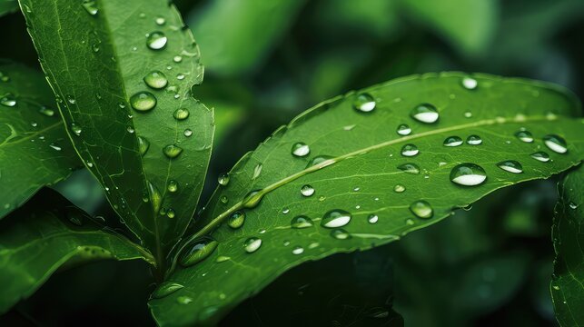 Green leaf with water drops close-up. Shallow depth of field.