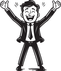 Grinning Business Leader Vector Black Logo Design of a Joyful Stick Figure Gleeful Entrepreneur Seal Caricature Stick Figure in Black Vector