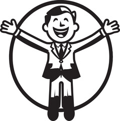 Smiling Business Executive Caricature Stick Figure in Black Vector Cheerful CEO Insignia Happy Businessman Icon in Black Logo