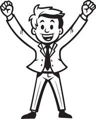 Delighted Office Symbol Black Logo Design with Caricature Stick Figure Smiling CEO Vector Black Logo with Happy Businessman