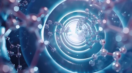 Scientific illustration depicting the concept of nanotechnology, molecular structure, and science. It features atoms and molecules within a carbon nanotube tunnel against a blue background - obrazy, fototapety, plakaty