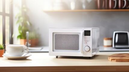 Microwave oven on kitchen table