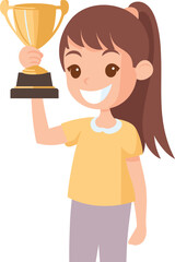 Happy young girl holding gold trophy cup, celebrating victory, success concept. Child achievement award ceremony vector illustration