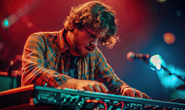 A piano player playing on stage, glowing light
