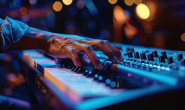 A piano player playing on stage, glowing light