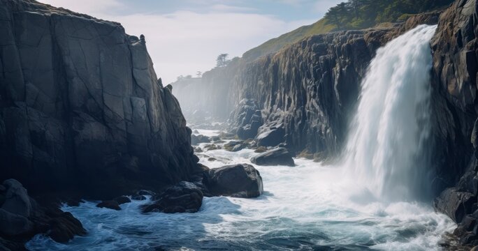 Panoramic View Of Waterfall On A High Cliff Overlooking The Ocean