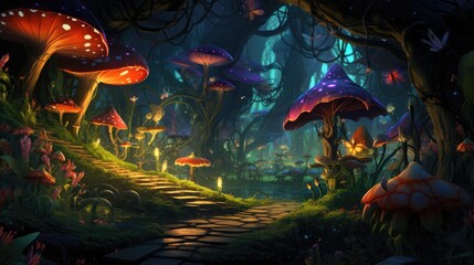 Fototapeta na wymiar Enchanted forest scene with glowing mushrooms and magical flora. Fantasy landscape.