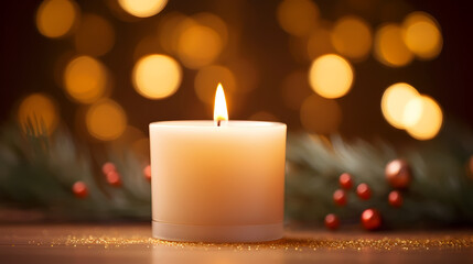 Close up of burning candle with blurred background and copy space for text