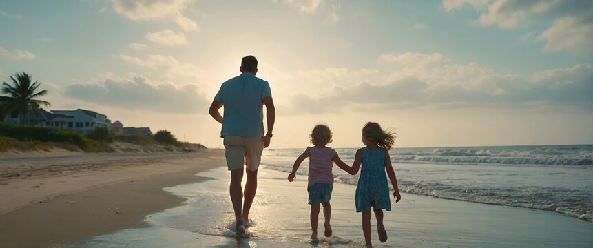 Dady and Mom run along the beach with their children on summer vacation
