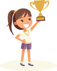 Young girl holding up trophy pride, sporting event winner concept. Achievement success youth sports competition vector illustration