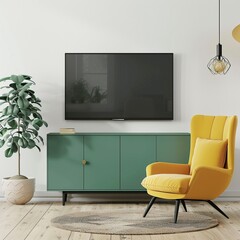 Mockup a TV wall mounted on green cabinet with yellow armchair in living room with a white wall.