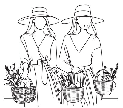 happy easter. Fashion girl with easter basket. Graphic, sketch drawing