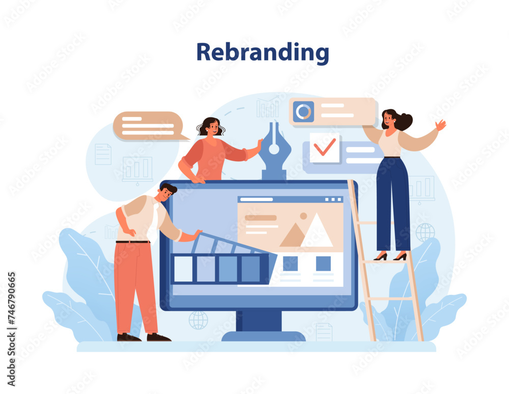 Aufkleber rebranding strategy team. a dynamic vector illustration depicting a team collaboratively working on.