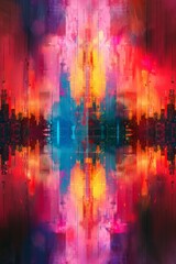 Abstract blur and symmetry in modern digital art, neon abstract with metallic textures.