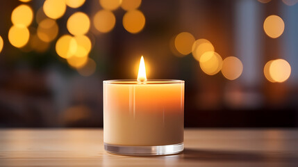 Close up of burning candle with blurred background and copy space for text