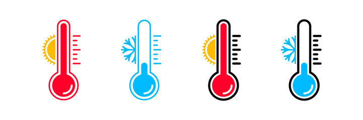 Thermometer vector icons with sun and snowflake. Hot and cold temperature scale for weather or freezer, isolated thermometer temperature symbols on transparent - obrazy, fototapety, plakaty