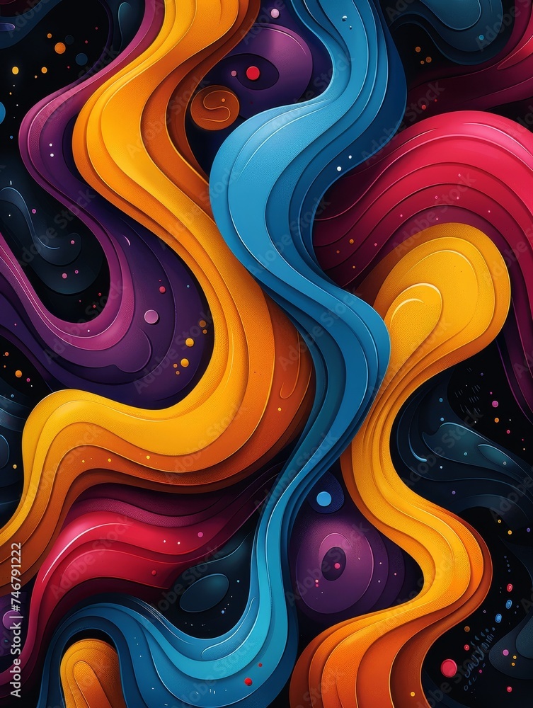 Poster vibrant minimalist design captures colorful energy with abstract doodles and dynamic spirals.