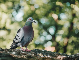 A colorful pigeon stands on a rock amidst lush greenery, with a soft bokeh background.