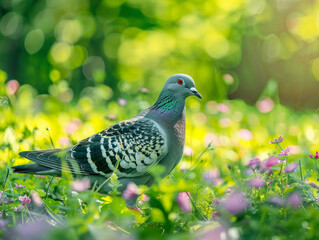 A colorful pigeon stands amidst lush greenery, with a soft bokeh background.