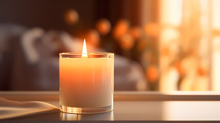 Close up of burning candle with blurred background and copy space for text - obrazy, fototapety, plakaty