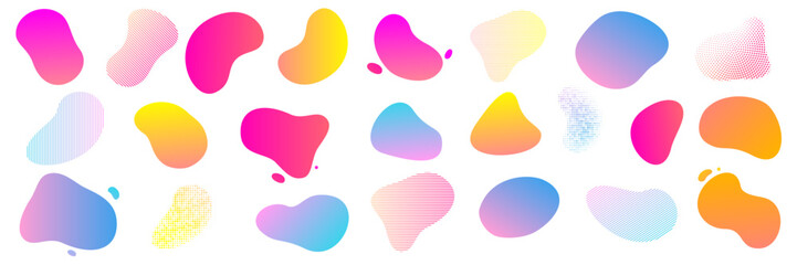 Color shapes, organic splash forms with color gradient and halftone pattern, vector backgrounds. Abstract liquid forms with color blend gradient and patterns for trendy minimal design elements