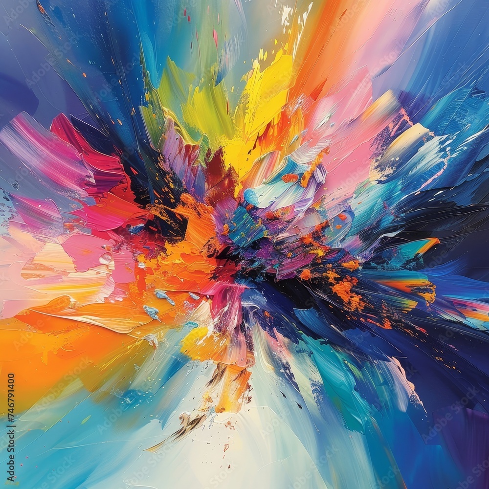 Poster vivid hues and energetic strokes define abstract explosions of color in dynamic art.