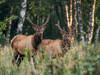 Two elks in a forest during sunset hours.