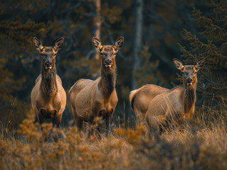 Naklejka na ściany i meble Three female elks gaze curiously in a forest setting during the golden hour.