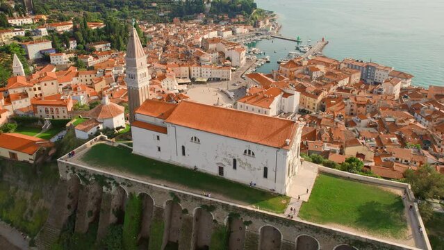 Aerial view of the Piran old town, Mediterranean coast, Slovenia