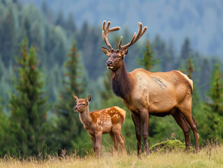Large elk with a calf sharing a passionate moment in a meadow.