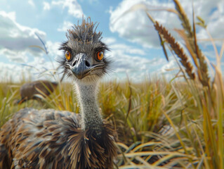 An inquisitive emu looks out from the tall grass, with a piercing gaze.