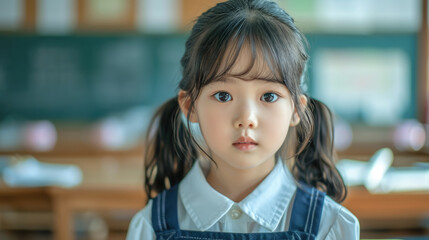 little korean schoolgirl in school class, cute asian girl, japanese, chinese, study, education, smart child, clever kid, children, knowledge, chalk board, portrait, people, person, black hair