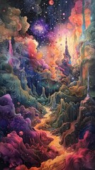 Exploring ethereal realms with surreal shapes and vibrant colors in abstract landscapes.