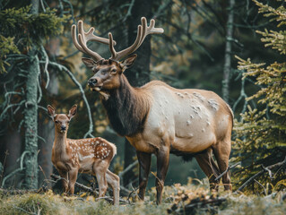 Large elk with a calf sharing a passionate moment.