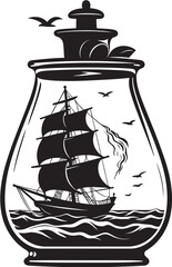 Glassbound Galleon Black Logo Design of Old Sailboat Artifact Nautical Relic Vector Black Logo of Vintage Sailboat in Bottle