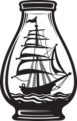 Bottled Maritime Memories Vector Graphic of Old Ship in a Bottle Glass Encased Nautical Relic Black Logo Design of Vintage Sailboat Artifact