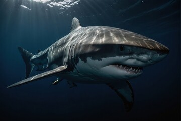 Nice big white shark in the dark with space for text wild ocean life and danger from darkness