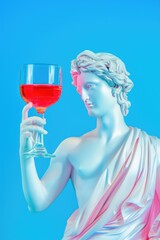 A statue of a woman holding a glass of wine In a vibrant pop art style, a statue of an ancient god...
