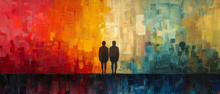 Abstract silhouettes against vibrant psychedelic backgrounds, modern abstract with geometric flair.